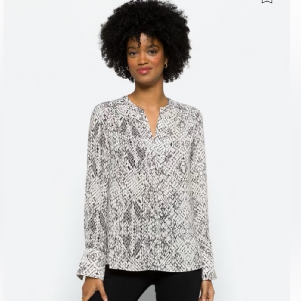 Calvin Klein Womens Snake Skin Print Top Size Large V Neck Long Sleeve Office